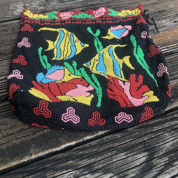 Corde Beaded Bag Drawstring Satchel Fish Ocean Black Green Yellow Vintage 80s - Picture 5 of 8